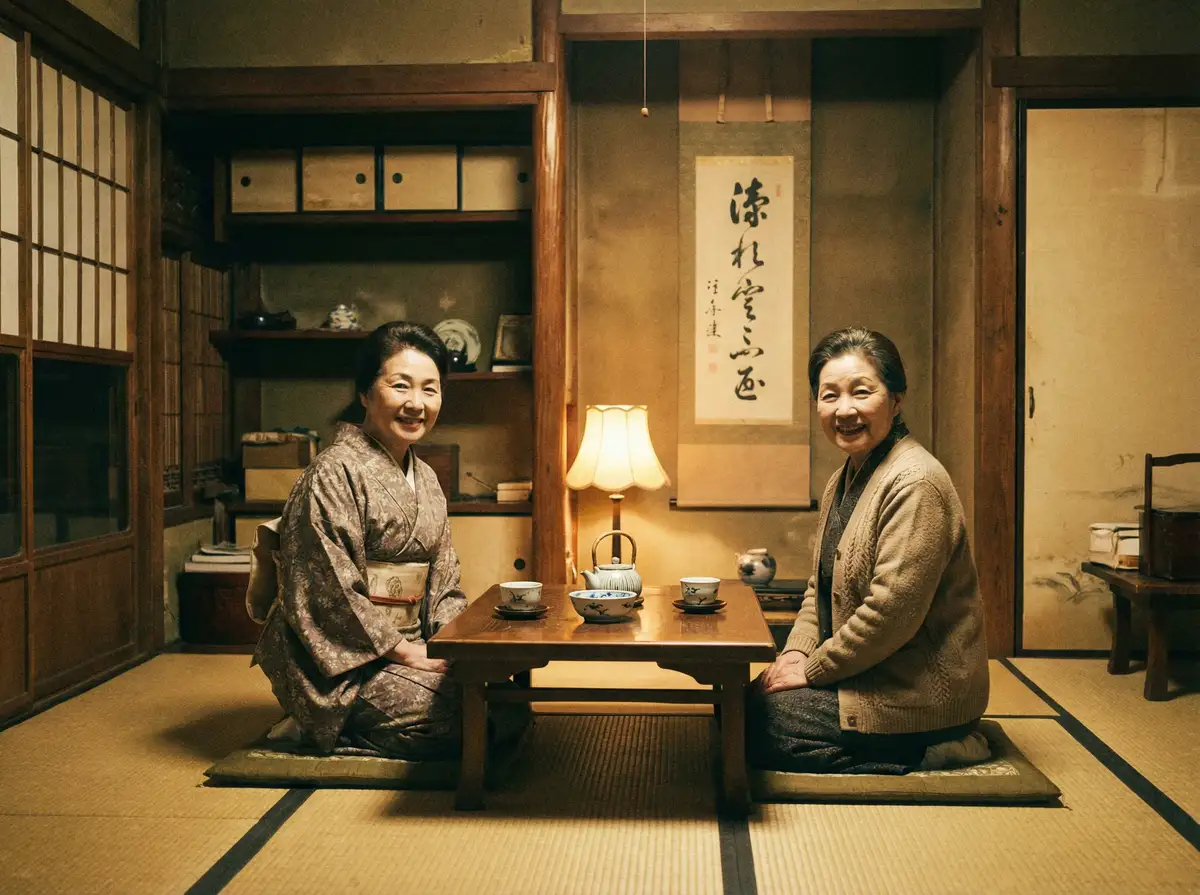 两位优雅的 新葡京赌场平台 在日式茶室中品茶交谈